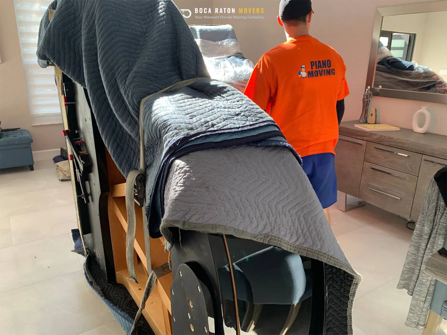 Boca Raton Movers Piano Moving Team Member Packed Piano Ready for Relocation